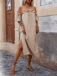 Breezaya Women's Fashionable Off Shoulder Ruffle Trim Slit Dress Maxi Vacation Beach Outfit - Khaki - View 5