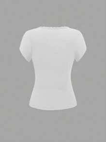 Sweetra 女士修身短袖t恤,中空條紋,蕾絲和蝴蝶結裝飾 - 白色 - 查看 2