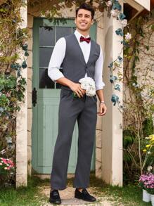 Manfinity Homme Completo Uomo A Singolo Bottone, Giubbotto Gilet Abbinato Con Pantaloni Dritti In Tinta Unita - Grigio - Visualizzare 3
