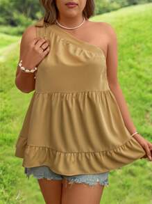 SHEIN Clasi Plus Size Summer Casual One-Shoulder Top With Ruffle Hem For Going Out Peplum One Shoulder Top - Mustard Yellow - View 4