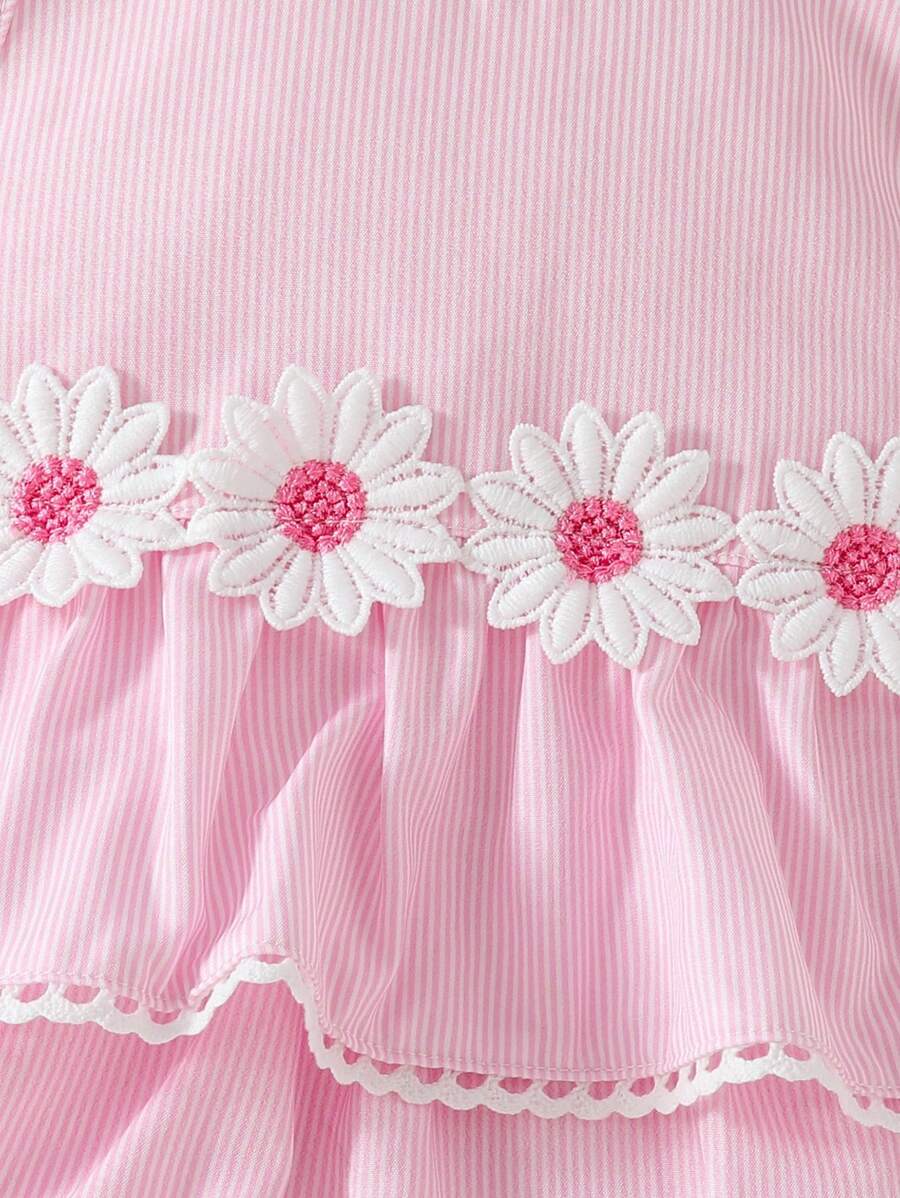 Baby Girl 1pc Cute Striped Dress With Flower Decorated Ruffled Hem And