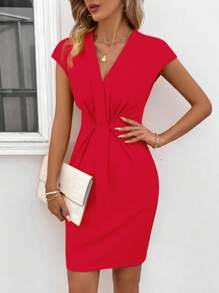 SHEIN Clasi 女士純色褶皺修身連身裙,適用於春夏季節 - 紅色 - 查看 4