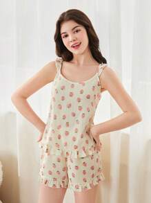 Teen Girl New Strawberry Print Cami Top With Shorts Set For Leisure & Homewear