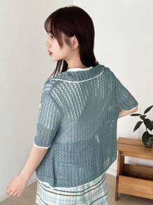 FRIFUL Camisa de mujer con cuello Peter Pan, de manga corta, a rayas, con apertura y botones delanteros - Verde - Ver 5