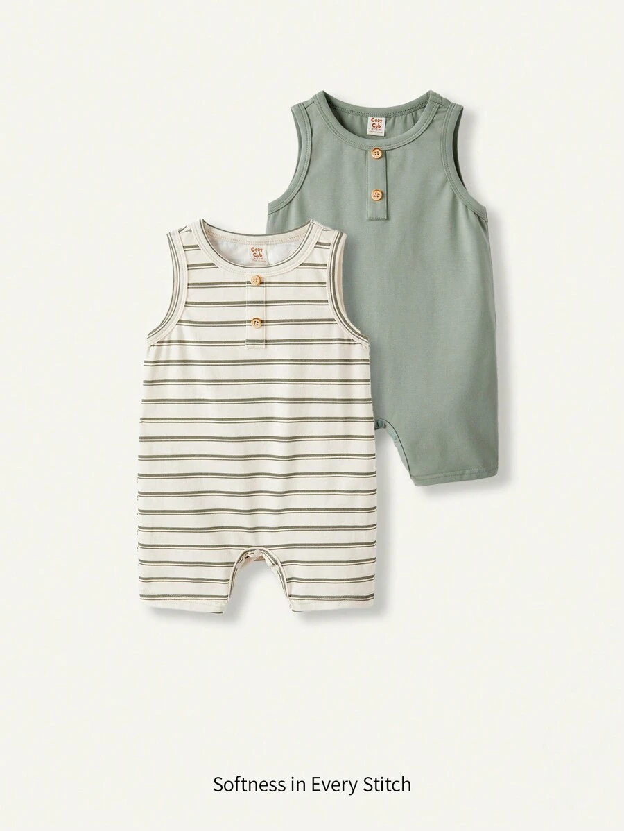 Cozy Pixies Baby Boy Striped/Solid Color Round Neck Sleeveless Romper 2pcs Set