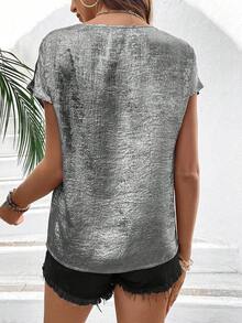 SHEIN LUNE Color Blocking V-Neck Lace Patchwork Short Sleeve Shirt - Grey - View 2