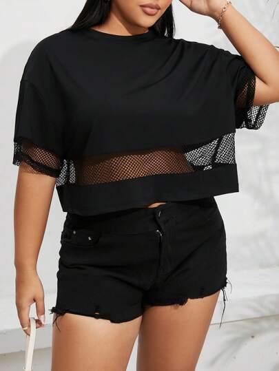 SHEIN Essnce 大码夏季网眼拼接镂空透气休闲圆领 T 短款上衣黑色运动休闲罩衫黑色 T 恤球衣黑色上衣女士上衣足球球衣，短款上衣