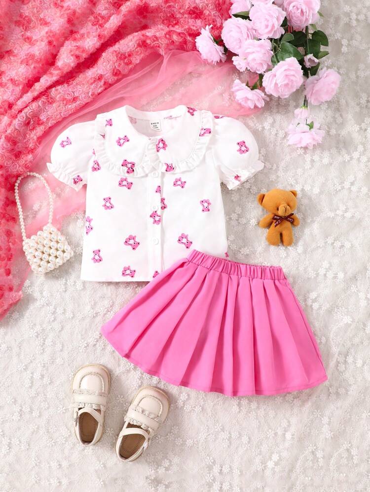 Baby Girl Peter Pan Collar Short Sleeve Shirt And Solid Color Pleated Skirt 2pcs Outfit Set