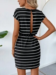 SHEIN LUNE Cổ điển Đen Sọc Không lưng Đầm - Đen và trắng - Xem 4