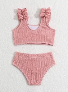 Baby Girl Special Knitted Ribbed Fabric Frilled Swimsuit With No-Lockstitch, 2pcs/Set - Dusty Pink - View 2