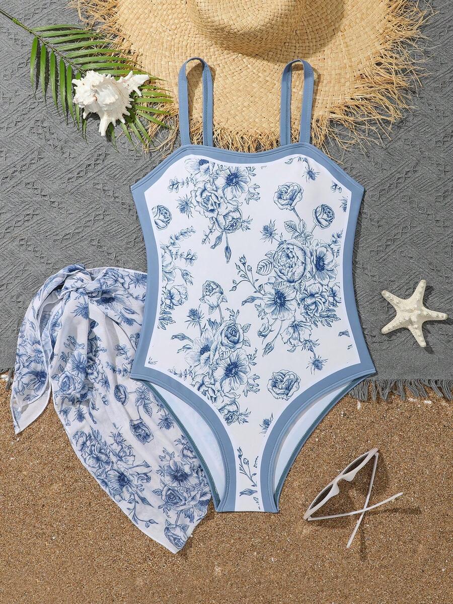Teen Girl One Piece Swimsuit With Printed Design, Ruffled Hem And Lock ...