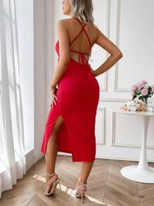 SHEIN Maternity Sexy Solid Color Crossed Backless Tied High-Slit Halter Neck Maxi Summer Dress - Red - View 2