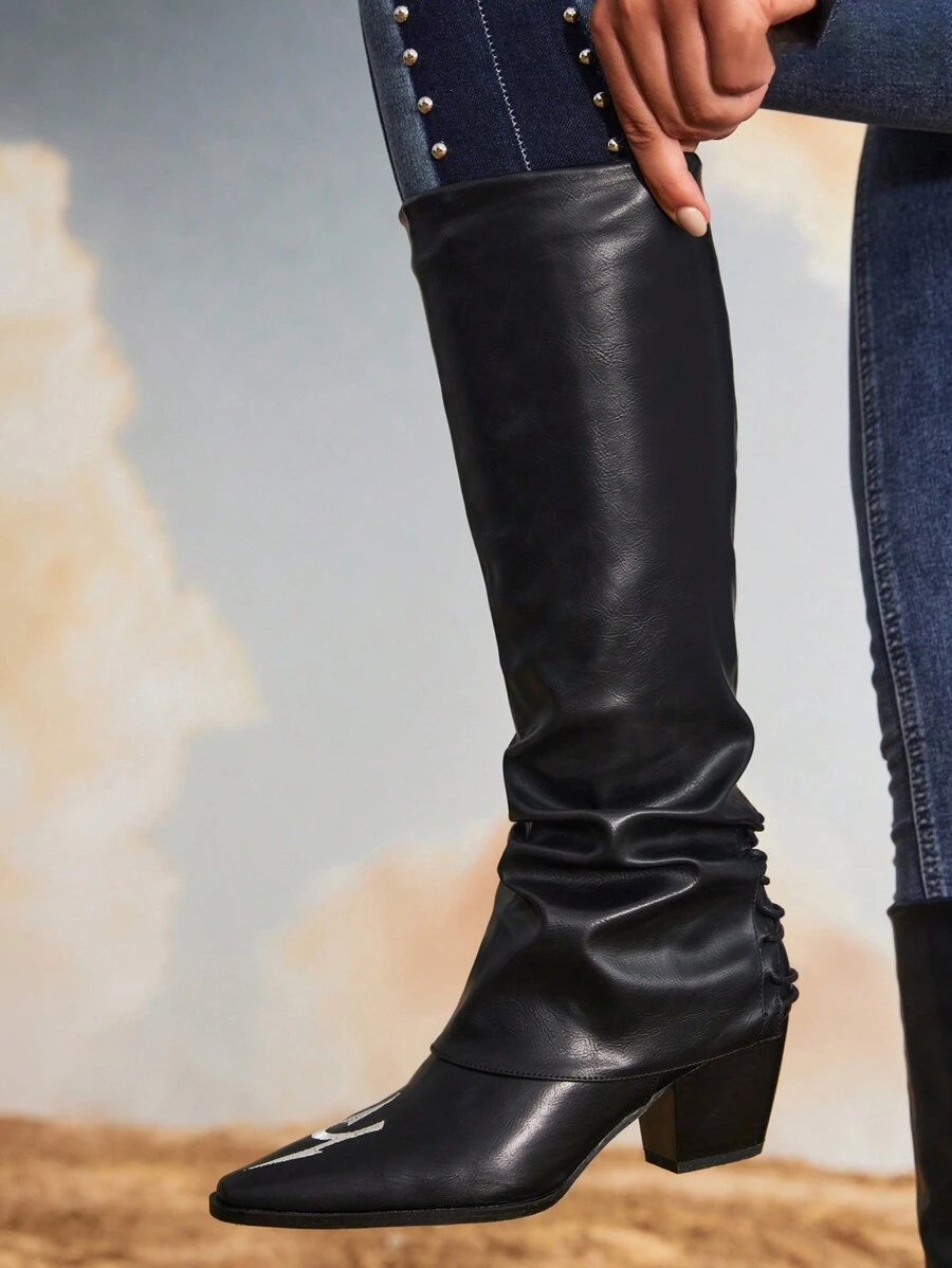 Styleloop Women's Chunky Heel Ruched Boots, Fashionable Black Boots - Black - View 1