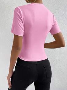Chiquease Solid Color Slim Fit Short Sleeve T-Shirt With Pleated Detail For Summer Casual Wear - Pink - View 2