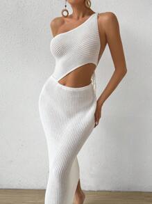 SHEIN Swim Summer Beach Women Hollow Out Waist-Baring Off Shoulder Solid Knitted Cover Up