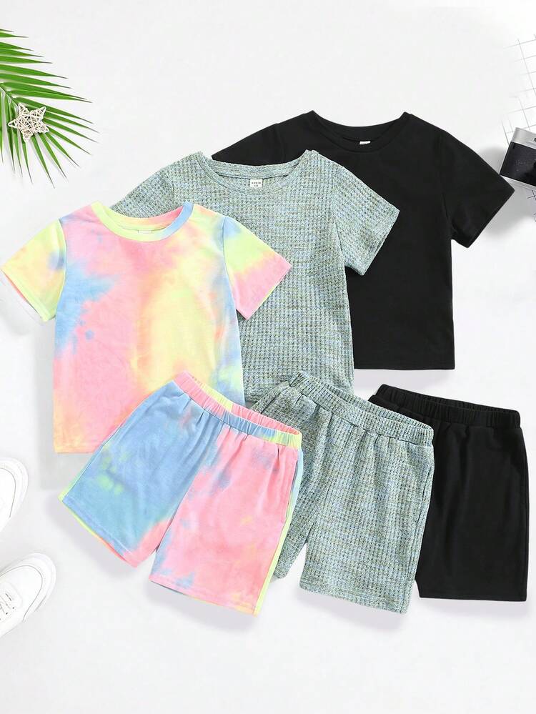 6pcs Young Boys' Casual Tie Dye Satin Colorful Checkered Round Neck Short Sleeve T-Shirt And Shorts Set, Suitable For Holiday Or Home Wear