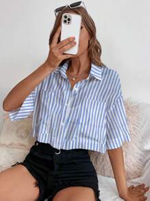 Chiquease Women's Color Block Striped Drop Shoulder Cropped Shirt For Summer - Blue and White - View 1