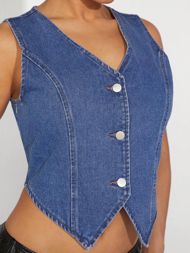 Open Back Strap Button Sexy Cropped Denim Vest