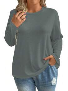 EMERY ROSE Damen T-shirt In Übergröße Mit Rundhalsausschnitt, Einfarbig, Langärmelig