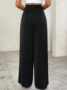 Firerie 女款黑色超高腰不对称长款阔腿裤 黑色夏裤 夏季阔腿裤 不对称腰头 宽松阔腿裤 夏季裤子 口袋 超高腰裤 女士裤子 适合日常通勤 阔腿裤 - 黑色 - 查看 3