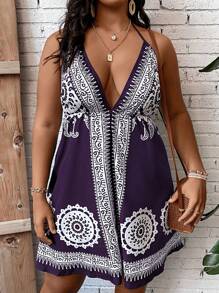 Breezaya 夏季大碼女裝時尚V領印花細肩帶連身裙 - 紫色 - 查看 3