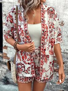 SHEIN LUNE 夏季女性藍白瓷印花和服風襯衫和短褲休閒海灘度假兩件套組 - 紅白色 - 查看 5
