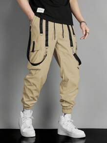 Manfinity Roghcode Men Contrast Tape Flap Pocket Drawstring Waist Cargo Pants - Khaki - View 4
