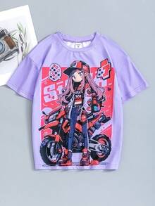 Camiseta De Manga Corta Con Estampado De Dibujos Animados Para Niñas Adolescentes, De Moda Para La Primavera Y El Verano - Púrpura malva - Ver 1