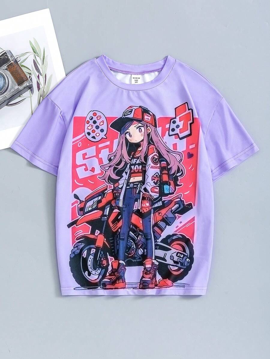 Camiseta De Manga Corta Con Estampado De Dibujos Animados Para Niñas Adolescentes, De Moda Para La Primavera Y El Verano - Púrpura malva - Ver 1