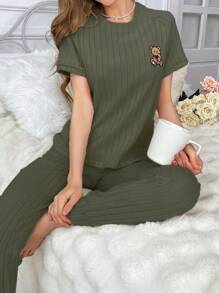 Women's Spring/Summer Short Sleeve Bear Embroidery Top And Long Pants Loungewear Set Outfit - Army Green - View 5