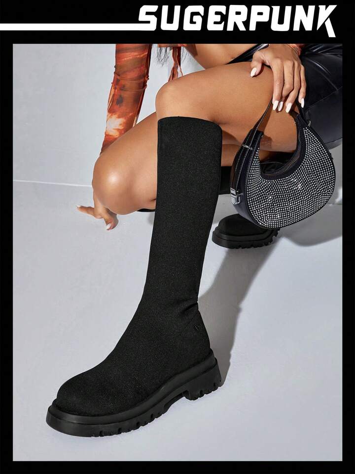 Sugerpunk Women s Shoes Minimalist Black Thick Sole Slip On Stretch Boots Collection Knee High Sock Boots For Summer