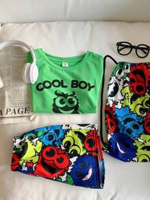 SHEIN 少年3入組/套休閒可愛運動卡通怪獸印花寬鬆圓領短袖t恤、運動短褲和繩口卡通背包,適用於春夏校園、街頭、派對和日常穿著 - 彩色 - 查看 6