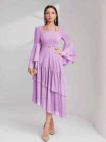 Modelyn Vestido de noche de unicolor con mangas acampanadas, volantes y bajo asimétrico para mujeres