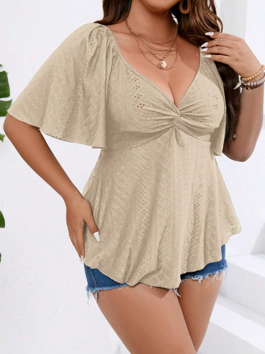 SHEIN LUNE Kích thước lớn Xu hướng: Cắt giảm Thêu Mặt trước xoắn Cổ chữ V Nếp uốn Tay áo Áo thun Cho mùa hè Giải trí - Màu Khaki - Xem 1