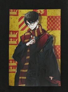 HARRY POTTER X SHEIN Young Boy 1pc Cartoon Figure And Letter Gryffindor Graphic Black Tee - Black - View 9