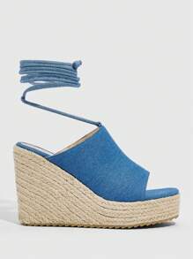 Styleloop Women Minimalist Sandals, Vacation Denim Blue Strappy Wedge Sandals - Blue - View 5