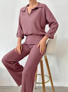 EURMUSE Ladies' Turn-Down Collar Casual Rolled Sleeve Spring/Summer Top And Pants Two Piece Set - Dusty Pink - View 5