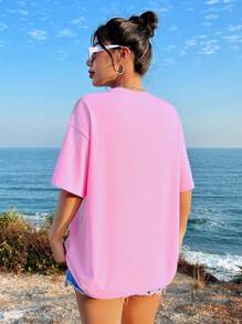 SHEIN EZwear T-shirt décontracté à manches courtes, col rond, imprimé de lettres pour les vacances à la plage, coupe ample, adapté à l'été, en mélange de coton - Rose pâle - Voir 2