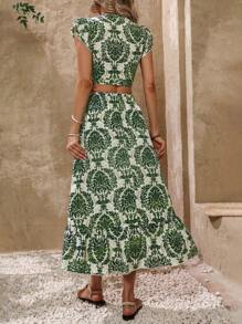 SHEIN VCAY Summer Holiday Leisure Halter Neck Top And Skirt Set Adorned With Ruffle Trim And Print - Green - View 2