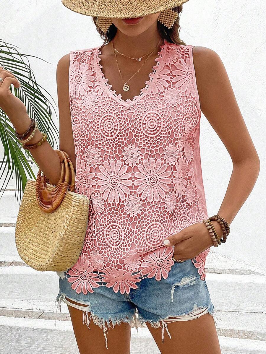 Breezaya 女款無袖襯衫,花朵刺繡細節裝飾 - 粉色 - 查看 1