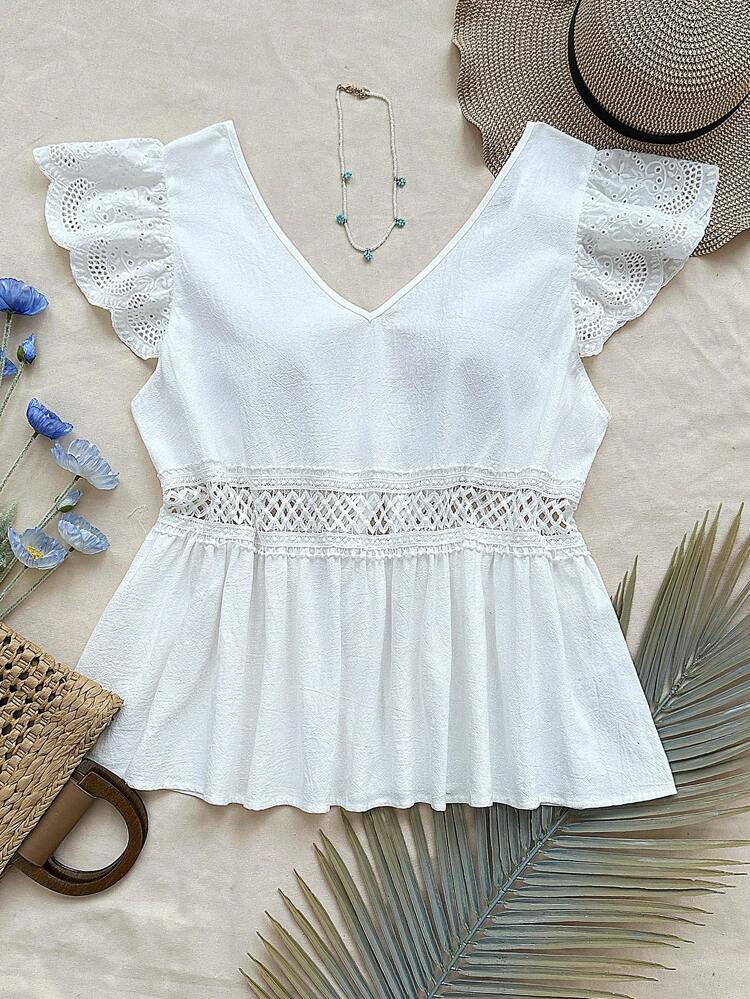 Plus Size V-Neck Casual Waistband Lace-Up Shirt With Water-Soluble Lace Panel, Summer