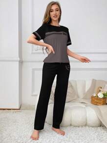 SHEIN Color Block Slogan Printed Pajamas Set - Grey - View 5