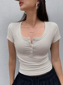 Dazy Star Half Placket Slim Fit Short Sleeve T-Shirt With Button And Pleats, Summer Casual - Apricot - View 5