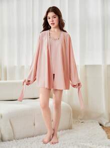 Conjunto de 3 piezas para usarse en casa para adolescentes, que incluye camisola rosa de flor de loto simple y de moda con pantalones cortos y bata de manga larga - Rosa vieja - Ver 6
