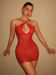 SHEIN BAE Vestido mini rojo con lentejuelas y croché con tiras y Vestido rojo y Vestidos de mujer para el verano y Vestido de verano y Hawaiano y Vestido de cuello halter y Ropa de verano y Conjuntos para festivales y Conjuntos de ropa de playa para mujer - Rojo - Ver 3