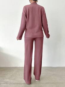 EURMUSE Ladies' Turn-Down Collar Casual Rolled Sleeve Spring/Summer Top And Pants Two Piece Set - Dusty Pink - View 2