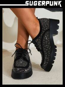 Sugerpunk Women Faux Suede Rhinestone Decor Lace-Up Front Wedge Shoes, Glamorous Outdoor Platform Oxford Shoes Valentine's Day For Summer Vacation Shoes Summer - Black - View 8