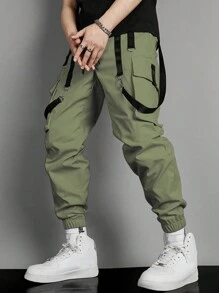 Manfinity EMRG Men Contrast Tape Flap Pocket Drawstring Waist Cargo Trousers - Army Green - View 1