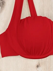 SHEIN Swim Conjunto de bikini unicolor para mujer con nudos simples en los hombros para la playa de verano - Rojo - Ver 7
