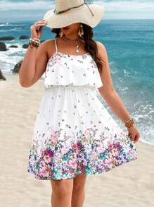 SHEIN LUNE Plus Size Boho Floral Print Waist-Cinching Cami Dress, For Summer - White - View 3